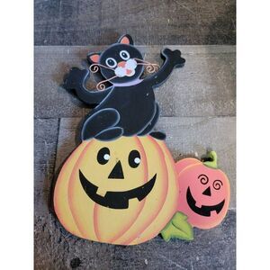 Wooden Halloween black cat pumpkin happy decor